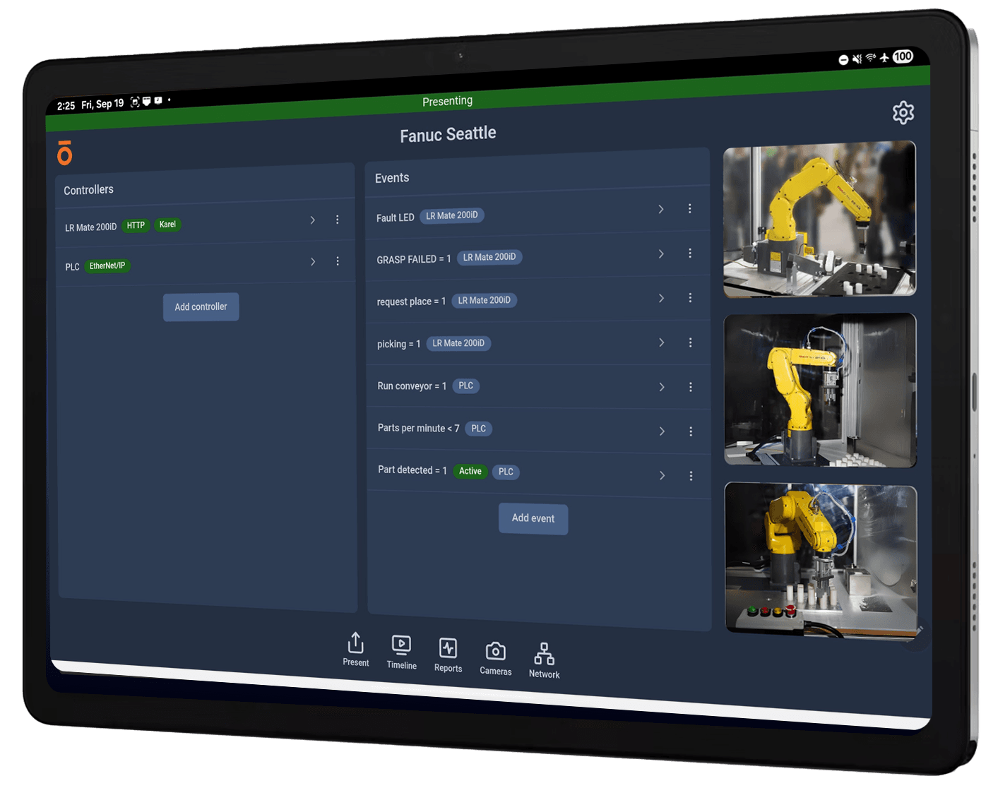 Olis mobile app interface showing robot controller diagnostics and fault monitoring on Android device